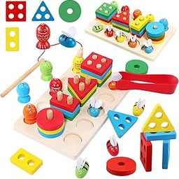 Kidology Montessori Toys for 1+ Year Old | Wooden Shape Sorting & Toddler Fishing Toys | Wooden Geometric Shapes Shorter Stacking Toy Puzzle | Color Stacker Shape Sorter Educational Learning Toy-9