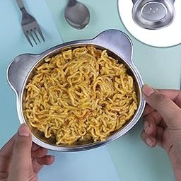 LiLLMONKiDZ Stainless Steel Kitty Bowl with Spoon & Spork for Kids, 500ml Capacity Soup & Maggie Bowl Set, Adorable Printed Snack Bowl Set-14