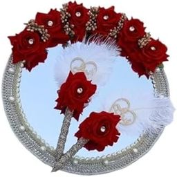 U.S Enterprises Round Nikah Mirror with Crafted for Bride and Groom, Qubool Hai Pen, Decorative Wedding Gift (Red Rose)-image-70