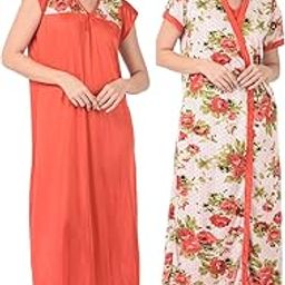 Women's Satin Nightwear Set - 2 Pc- Nighty with Robe-image-19