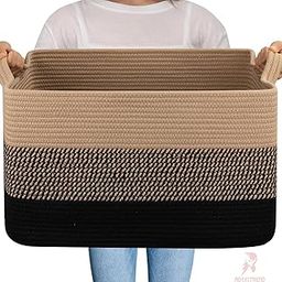ROYAL TREND Large Jute Rope Basket, Rectangle Woven Baskets for Storage, Nursery Blanket Basket Living Room, Toy Basket with Handle, Wicker Baskets for Organizing- (Black&Beige)-3