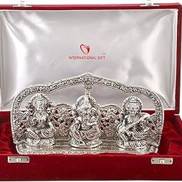 INTERNATIONAL GIFT Silver Plated Laxmi Ganesh Saraswati God Idol Statue Oxidized Finish with Beautiful Velvet Box Packing and with Carry Bag (29cm x 18cm x 7cm), Religious-image-1