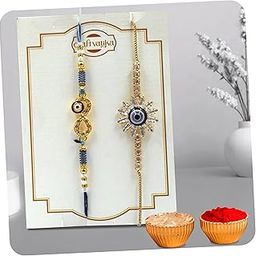 Evil Eye Bracelet Rakhi Set for Brother Bhaiya Bhabhi Set of 2, Rakhis for Rakshabandhan, Hand Bracelet Rakhi for Bhabhi, Infinitive Evil Eye Rakhis for Men Brother with Best Wishes Card, Tilak set-7