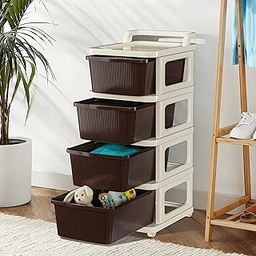 Kuber Industries 4 Layer Plastic Modular Storage Drawer Organizer with Wheels | Chest of Drawer Storage Box for Living Room, Office, School and Home | Toys Organiser for Kids Room | Ivory & Brown-image-34