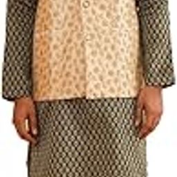 (Since 1958 Men's Silk Blend Dark Green Self Design Kurta & Beige Embroidery Nehru Jacket with Off-White Churidaar Pyjama-picture-15