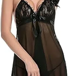 klovvy Women Babydoll Lingerie Set for Honeymoon Night with Thongs Panty/Bridals Nightwear Above Knee Baby Doll Wedding Nighty Set in Special Occassion-picture-4