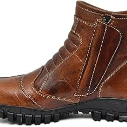 Bikers waterproof boots with steel toe : High ankle rugged leather boots for men for Trekking, Hiking, Driving with memory foam footpad & high performance rubber sole. (Brown, 8)-picture-12