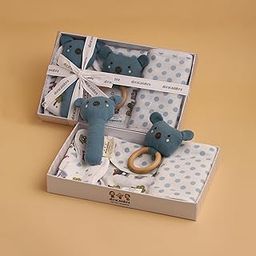 abracadabra Feeding Essentials Gift Set for Baby, Perfect for Baby Shower and Gifting (Includes 2 Bibs, 2 Wipes, 1 Burp Cloth, 1 Teether & 1 Face Rattle) - Boys-8