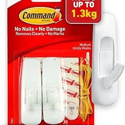 3M Command, Medium Utility Wall Hooks, Up to 1.3kg, Heavy Duty, Holds Strongly, Reusable, Adhesive hooks for wall, Multi-surface damage free hooks for hanging (White, 2hooks, 4 stripss), Plastic-14