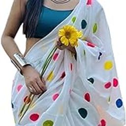 White Polka Dot Saree with Multicoloured Dots, Turquoise Blouse, Traditional Indian Wear-14