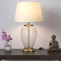 Diamond Cut Glass LED, Incandescant, CFL, Smart Bulbs Table Lamp Brass Antique Finish 19 Inches Height Off White 12 Inches Lamp Shade Pack Of 1-19