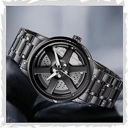Men's Sport Quartz Watch 3D Car Wheel Dial Rotating Casual Fashion Stainless Steel Alloy Men Black Luxury Watches Wheel Dial Men's Metal Watch Gift Creative Watch-image-46