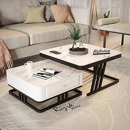 RIZIK STORE™ Iron Frame Handmade Drawer Square 20"x20" Coffee Table/Nesting/Side Table/Center Table with Engineered Wood Top for Living Room/Drawing Room/Balcony (Drawer White)-image-37