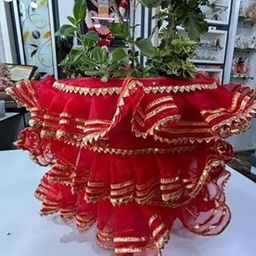 Tulsi MATA Poshak Set with Lehenga & Chunari | Decorative Tulsi Plant Dress for Tulsi Vivah, Kartik Maas, Ekadashi | Net Fabric Poshak with Golden Lace for Tulsi Pot Decoration | (Red)-image-20