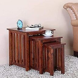UNITEK FURNITURE Sheesham Wood Nesting Bedside Table Set of 3 Stools for Living Room (Honey Finish)-image-96