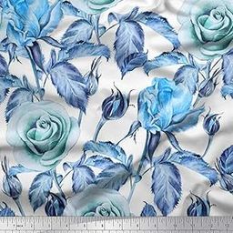 Soimoi Cotton Canvas Fabric Leaves & Rose Flower Printed Fabric 1 Meter 56 Inch Wide-27
