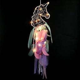 LOMOHOO Unicorn Dream Catcher with LED Light Colorful Light Up Dream Catchers Handmade Purple Pink and Blue Feather Boho Baby Room Decor Kids Bedroom Decoration Gift (Light up Unicorn)-3