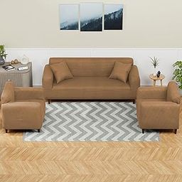 Lukzer Universal 5 Seater Sofa Cover Set Non-Slip Stretchable Couch Protector Jacquard Slipcover (3+1+1 Seater/Textured Dark Beige Box Pattern) SC-057-05-12
