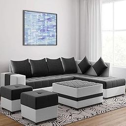 Torque Steffan L Shape 8 Seater Fabric Sofa Set with Ottoman and Puffy Right Side-Black | Sectional L Shape Sofa Set with Ottoman | L Shaped Sofa 8 Seater for Hall-69