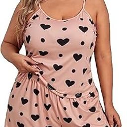 Plus Size Heart Print Pajama Set, Pink Tank Top and Shorts, Sleepwear for Women-image-89