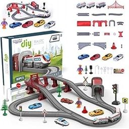 Lagertha DIY Realistic Track and Train for Kids, DIY 80pcs Remote Control City Track Electric Train Track Set for Children City Rescue Game Playset Gifts for Kids (Realistic Train Track)-image-37