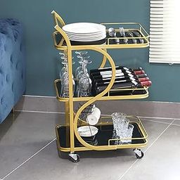 Brown Art SHOPPEE End Table Trolley 3-Tier Metal Serving Trolley with Wheel Elegant Home and Restaurant Mobile Cart for Effortless Food Serving Coffee Table for Living Room (Gold & Black)-image-9