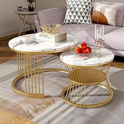 Decoration Crown Round Shape Coffee Table for Nesting Tables Modern Sofa Side Table with Golden Metal Frame and White Finish Top for Living Room Bedroom (Set of 2) (White & Golden)-6