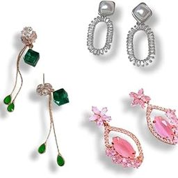Fashion Stud Earrings Set, 3 Pairs - Pink Crystal Floral, Pearl with Silver Frame, Green Drop Design, for Women and girls-image-7