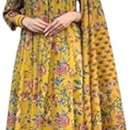 Vamika Creation Women's Floral Print Rayon Anarkali Suit Set with Dupatta, Yellow, 3-Piece Traditional Indian Dress (IN, Alpha, S, Yellow)-image-8