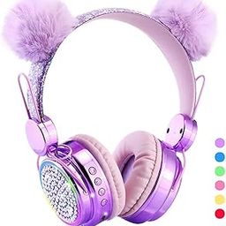 QKSHZHZQ Kids Headphones Wireless Bluetooth 5.3 Colorful LED Lights Over-Ear 85dB Volume Limited Girls Headphones for Children/Teens/Gift/School/Tablet/Travel (Purple)-2