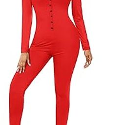 Women's Button Onesie Pajamas Bandage One Piece Long Sleep Romper Pajama Bodysuit Jumpsuit Bodycon XS-XXL-34