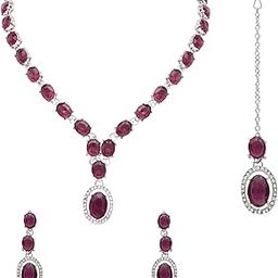 Silver Plated Stylish Design Crystal Diamond Necklace With Earrings & Maang Tikka Jewellery Set for Women-image-8