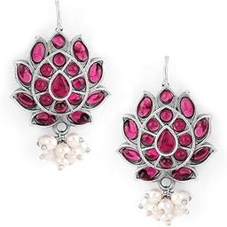 Womens Silver Plated Drop Earrings With Studded Pink Stones And Lotus Motif-image-55