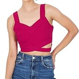 Casual Stylish Magenta Solid Polyester V Neck Tops for Women-image-61
