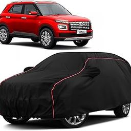 Sulfar 100% Water Resistant Car Body Cover Compatible with Mirror for Hyundai Venue (Triple Stitched, Full Bottom Elastic, Black with Red Piping)-image-43