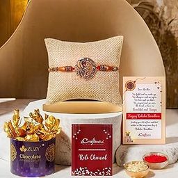 eCraftIndia Designer Peacock Rakhi for Brother with Chocolate, Zuzy Almond Chocolate Box, Rakhi with Chocolate Gift - Roli Chawal Pack, Raksha Bandhan Greeting Card, 300 grams-image-96