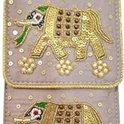 DMS RETAIL Women's PearlSilk Saree Mobile Pouch Waist Clip Ladies Purse Gift Designer Pearl Beads Studded Handmade Mobile Pouch with Elephant Embroidery (Purple)-19