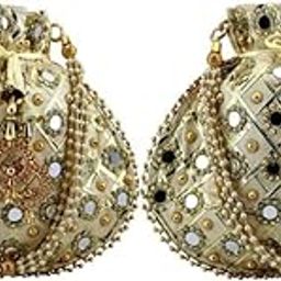 Gems & Jewellery Gold Potli Wristlets Ethnic Potli For Women's | Designer Rajasthani Style Royal Clutch Silk Batwa | Zari Work Potli | Bridal Potli | Potli Bags-1