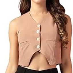 Women's Sleeveless Waistcoat Style Crop Top – V-Neck Button Down Fitted Beige Vest Top-picture-8