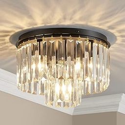 AGV LIGHTING Crystal Ceiling Light Fixture, Modern Semi Flush Ceiling Lamp, D12 x H8, E12 Base 3 Lamps, Black Finish-29