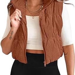 Women's Corduroy Puffer Vest Cropped Stand Collar Zip Up Padded Gilet Coats with Pockets-image-60