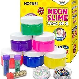 HOTKEI (6 Neon Slime kit) DIY Neon Colored Fruit Scented Slimy Slime Gel Jelly Set Kit Air Dry Magical Crystal Clay Putty Toy Kit for Girls Boys Kids Slime with Glitter| Stars | Color Beads Set-image-11