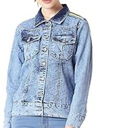 Women's Light Blue Collared Full Sleeve Buttoned Ice Wash Twill Tape Detailing Denim Jacket-picture-7