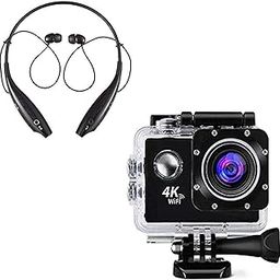 Combo Pack of 2 Items - 4K Wifi Waterproof Action Sport Camera, Hbs-730 Neckband Bluetooth Headphones (1 Year Warranty)-image-2