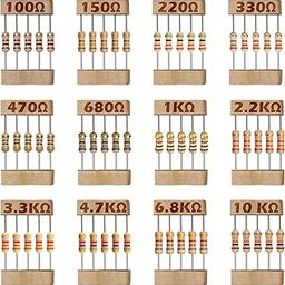 Resistor 100 Ohm 150 Ohm 220 Ohm 330 Ohm 470 Ohm 680 Ohm 1K Ohm 2K2 Ohm 3K3 Ohm 4.7K Ohm 6.8K Ohm 10K Ohms CFR Assorted Carbon Film Resistors Students DIY Project Package Kit 1/4 Watts (120 Nos)-17
