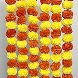 SPHINX Artificial Marigold Fluffy Flowers and Golden/Silver Hanging Bells Short Garlands/Torans/Wall hangings for Decoration Approx 2.5 ft- 15 Flowers per String - (Yellow & Dark Orange, 6)-7