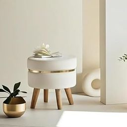 JUMBO CRAFTS Round Wooden Footrest Stool with Linen Fabric Padded Seat Pouffe Ottoman Round Shape Pouff Office Stool/Living Room - Cream-picture-6
