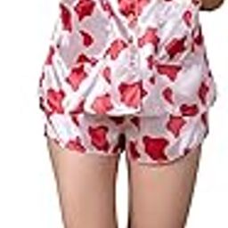 Satin Nightwear Set for Women | Premium Cute 2 Pcs Heart Print Shirt & Shorts Combo | Sleepwear for Girls & Ladies | Shirt and Shorts | Comfortable & Stylish | Red & White-image-20