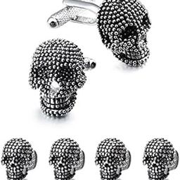 Silver Oxidised Brass Skull Tuxedo Cufflinks and Shirt Studs Set for Men-6