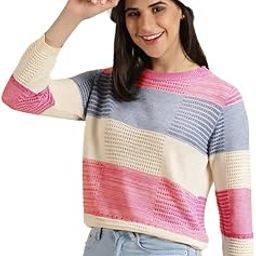 Women's Stretchable Knitted Crochet Hollow Out Color Block Stripe Pullover Top T-Shirt (ONE Size FIT M-L) Bust Size (34-38 INCH) 84-96 cm-image-60